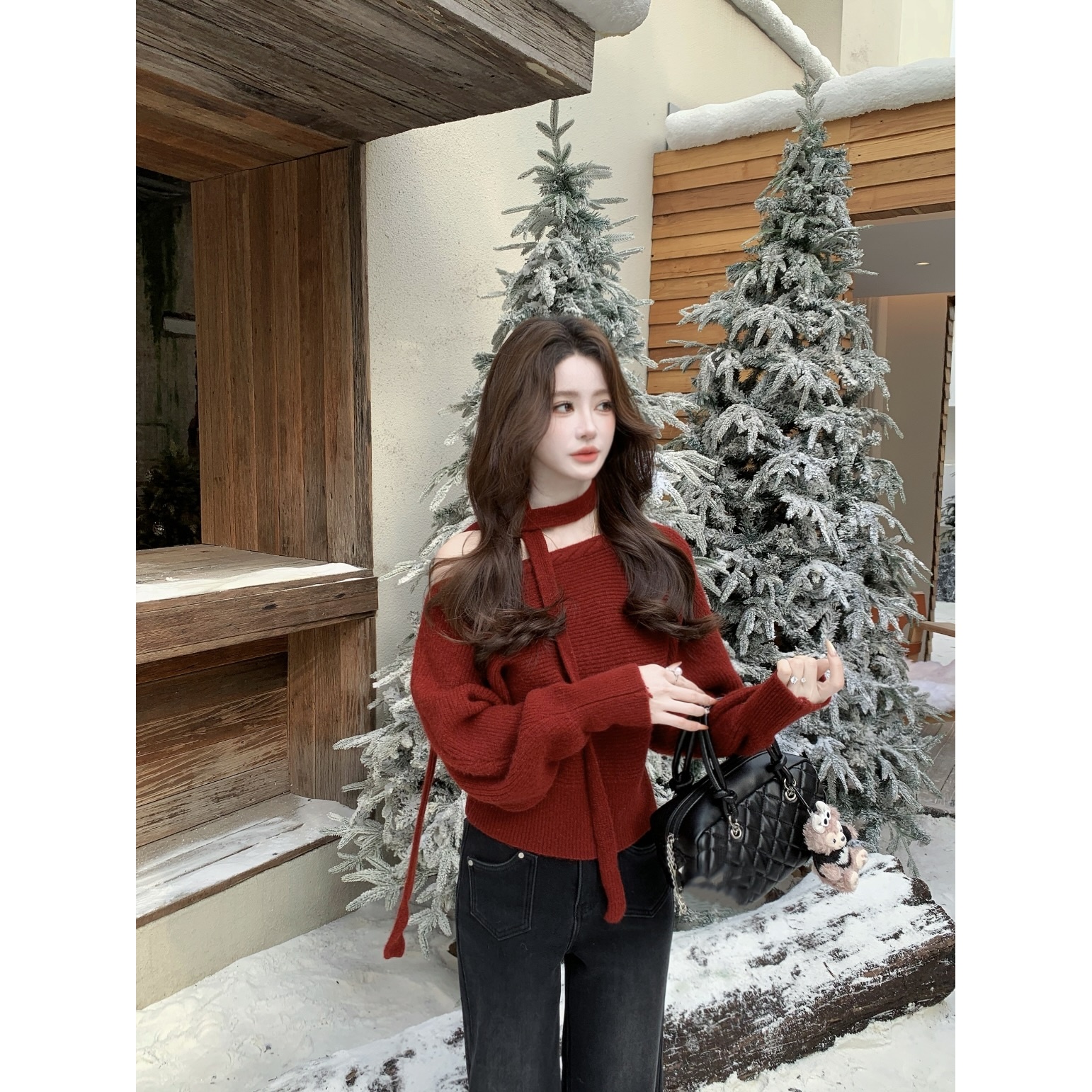 西恩定制●（秋日女友）秋季温柔风韩系斜肩领配挂脖毛衣LNQ5MY7765