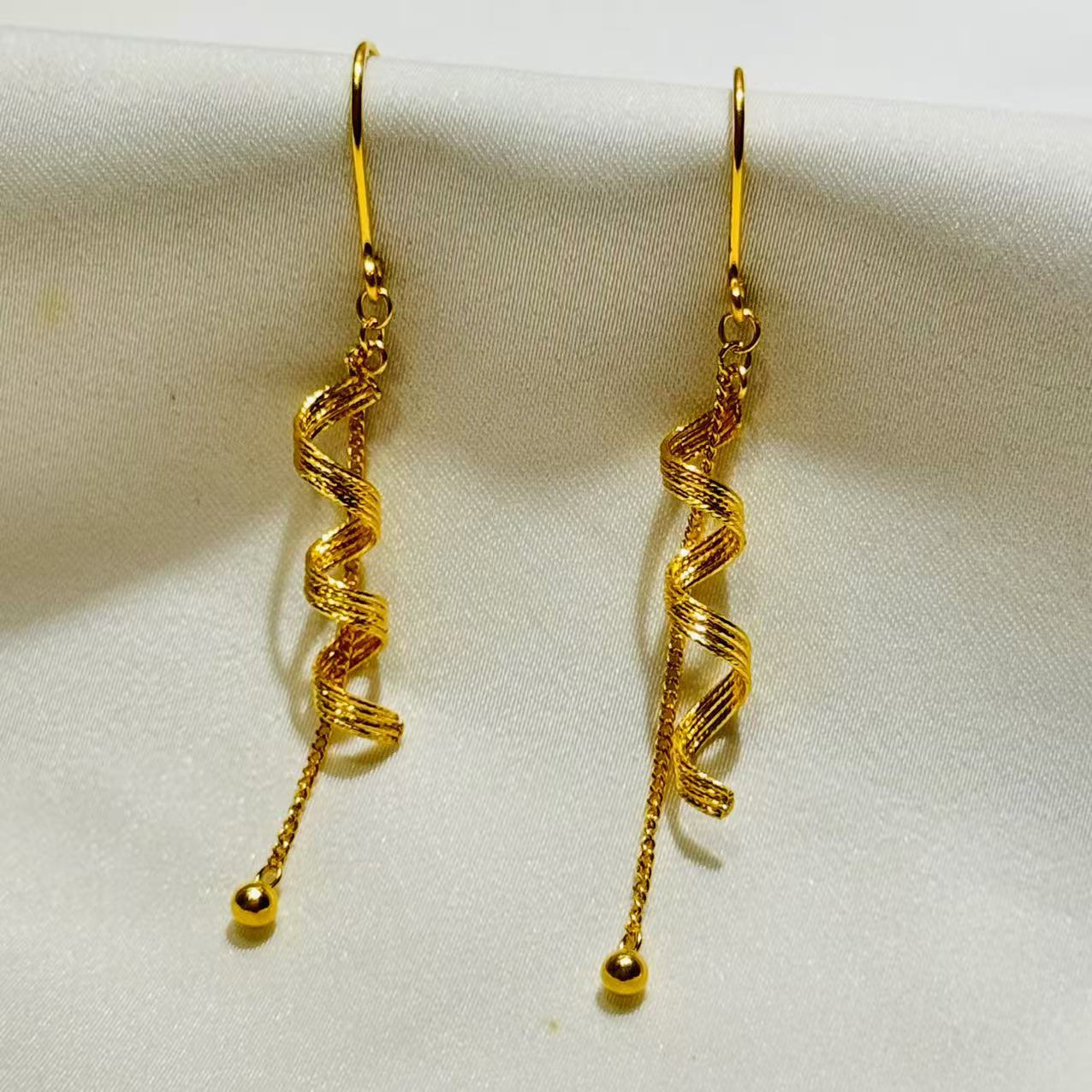 黄金足金999丝带流苏耳坠挂钩耳环