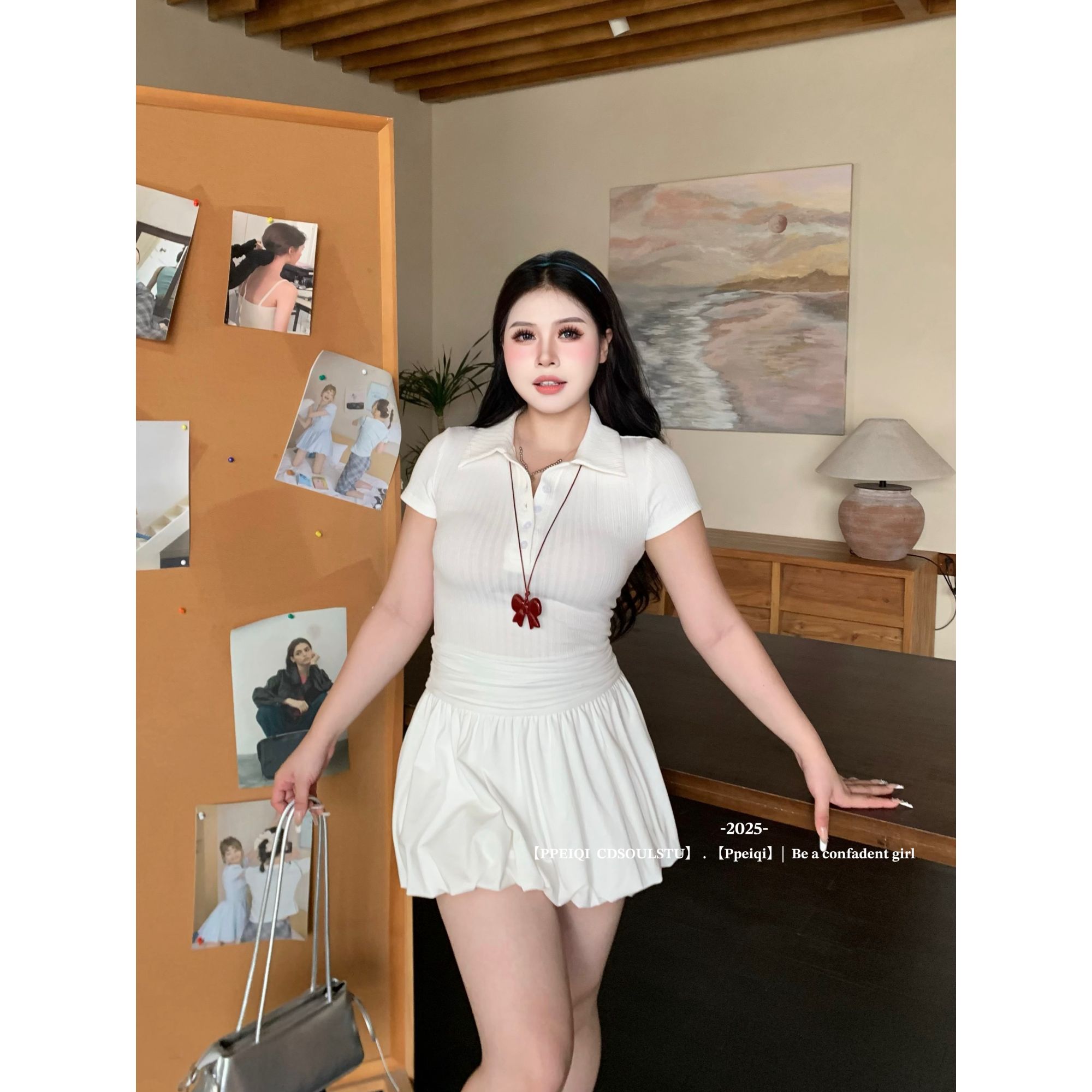 【PPEIQI】"少女企划"微胖polo领拼接设计感小众收腰气质蓬蓬连衣裙