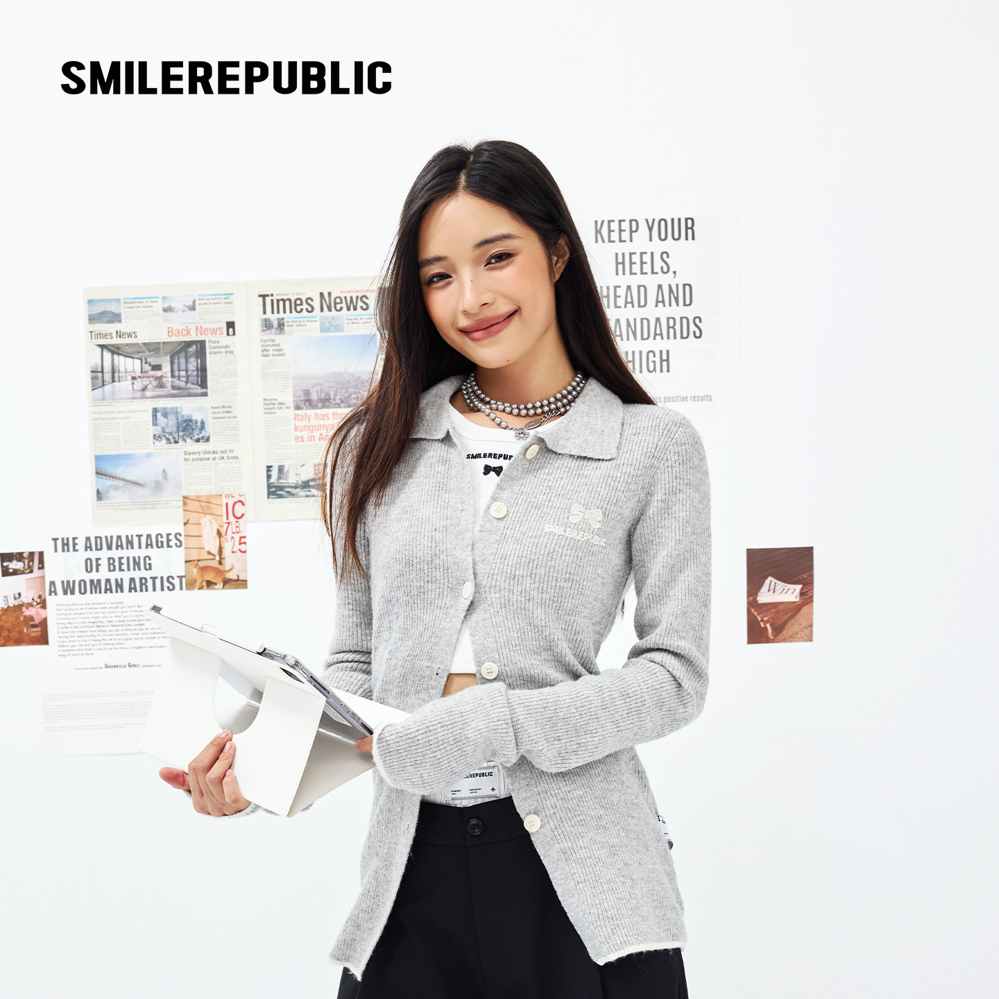smilerepublic时尚百搭针织紧身开衫修身显瘦长袖设计感针织衫
