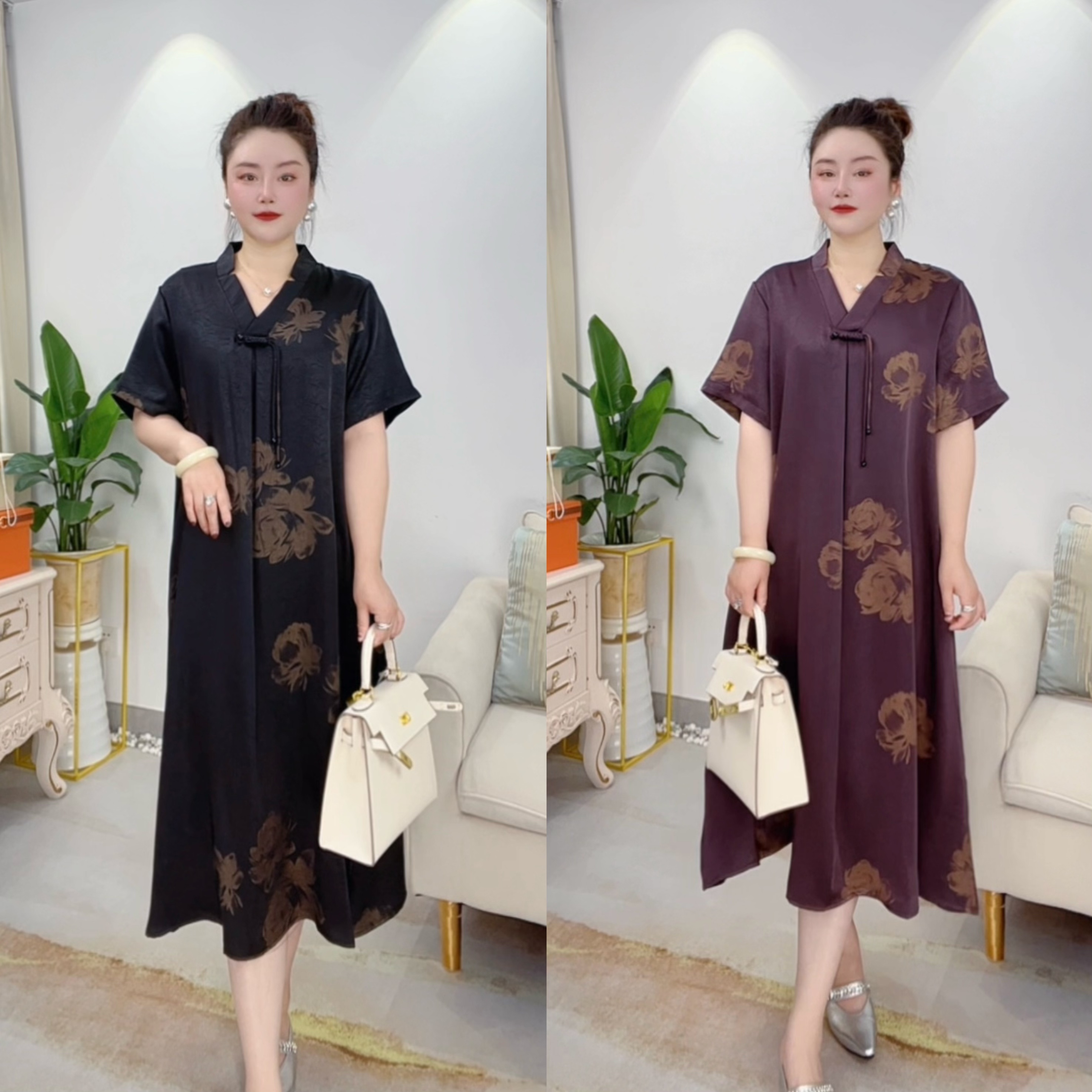 【萱画高定系列】夏款大码洋气妈妈时尚V领显瘦宽松连衣裙130-260斤