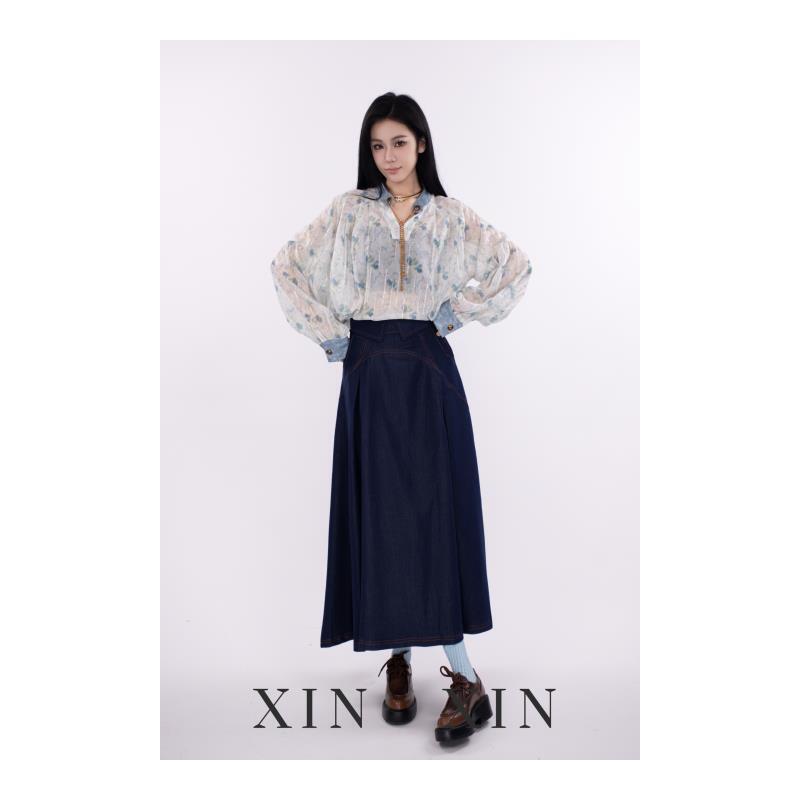 XIN XIN【无忧的蓝】重塑轮廓 明线分割翻领高腰半裙
