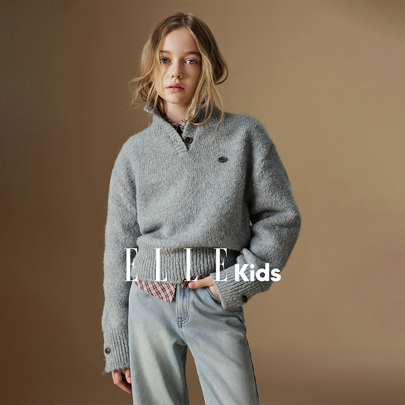 ELLE KIDS 立领粗针套头毛衣女童秋季新款复古防风保暖针织衫F5
