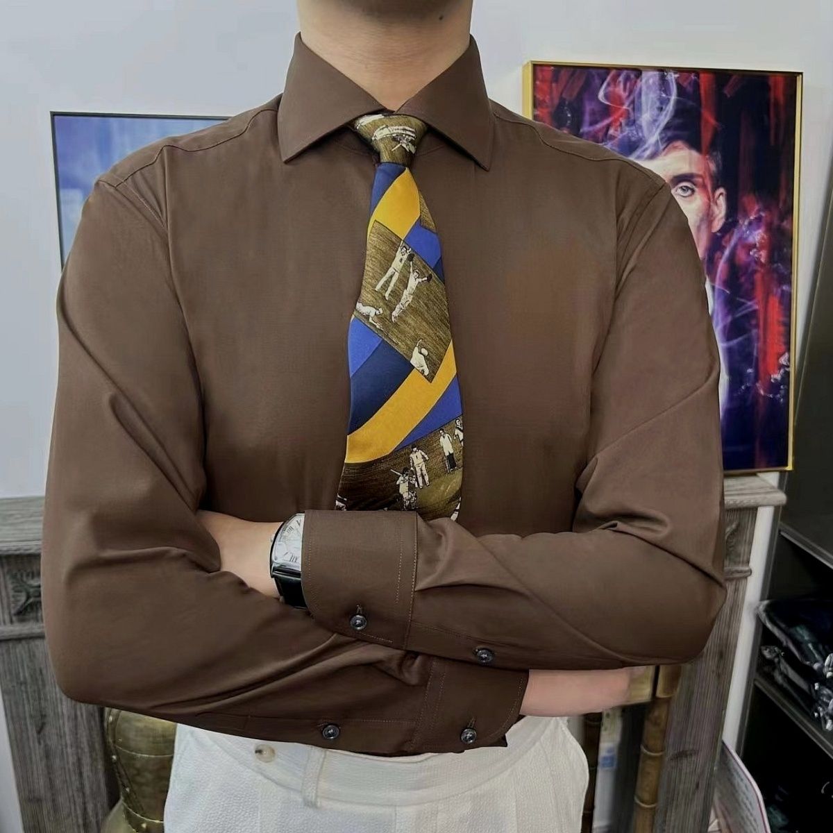 秋冬新品正品特价抗皱免烫百搭深咖啡温莎领男士修身长袖衬衫婚礼