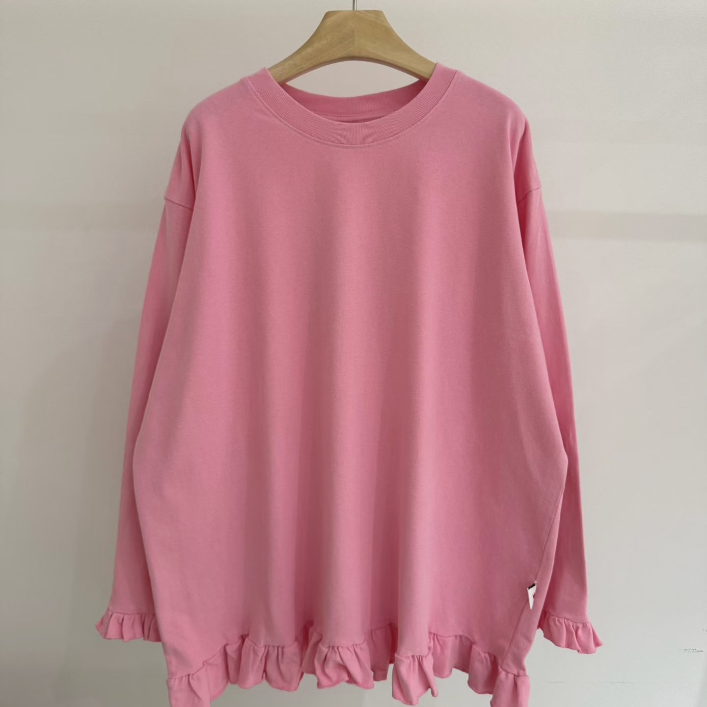 793秋季新款韩版净版花边宽松显瘦圆领套头长袖磨毛T恤打底衫女