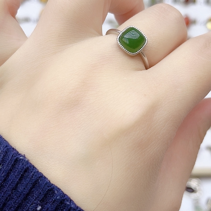 和田玉戒指银S925镶嵌天然