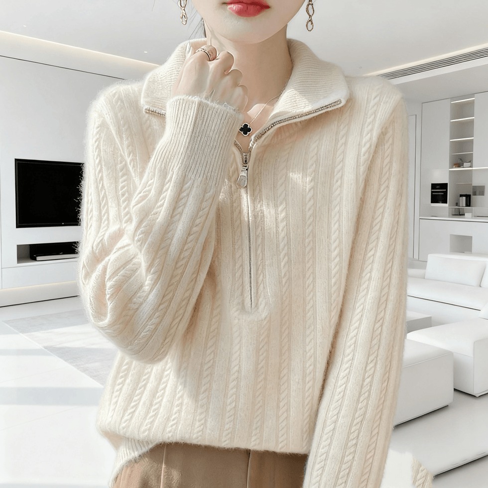 鄂尔多斯市纯100羊绒衫女半拉链半高领减龄厚款气质针织羊毛衫女