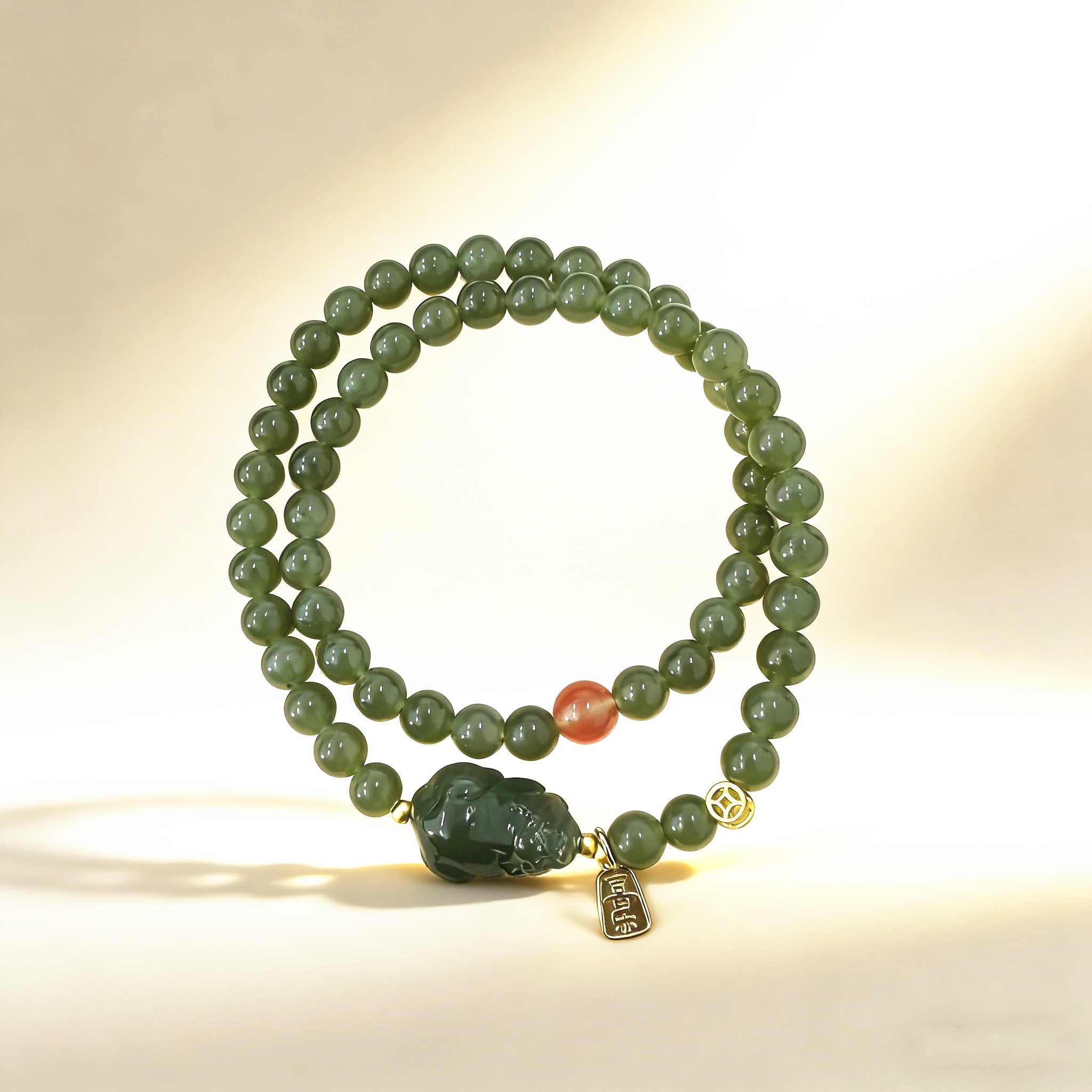 V55天然和田玉双圈加貔貅手链手串（随机礼盒）