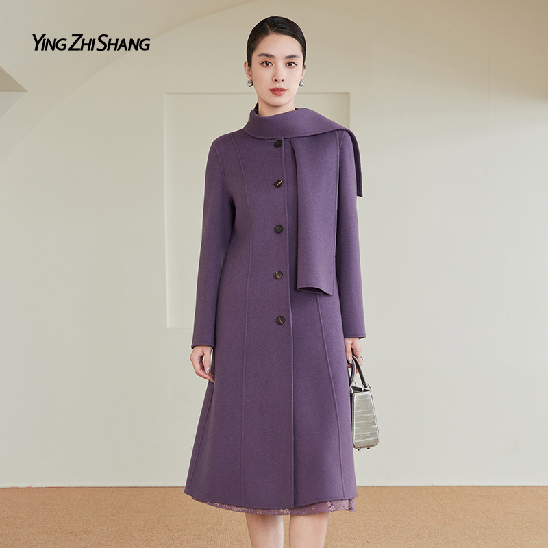 【100绵羊毛】赢智尚气质葡萄紫色高品质双面呢大衣女显瘦ZL00359