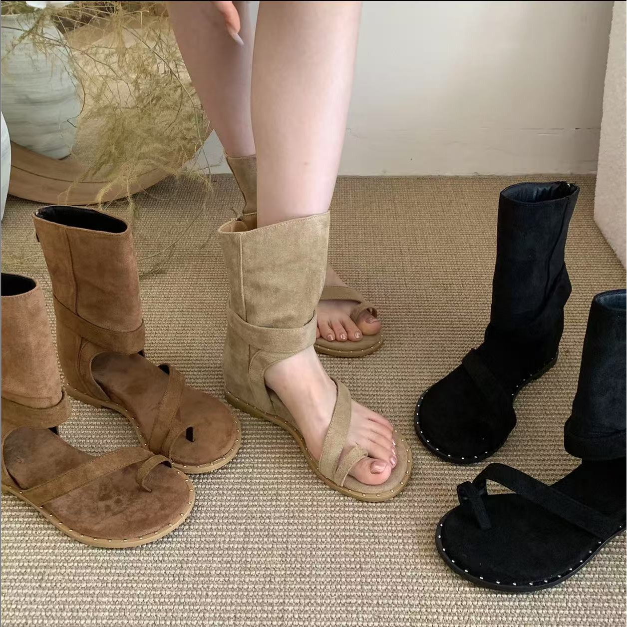 【退换货补运费】增高5cm森系套趾凉鞋女夏季低跟凉靴时髦夹趾短靴