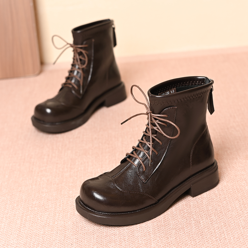 复古芒果头马丁靴女秋冬新款时尚百搭英伦风厚底后拉链系带短靴子