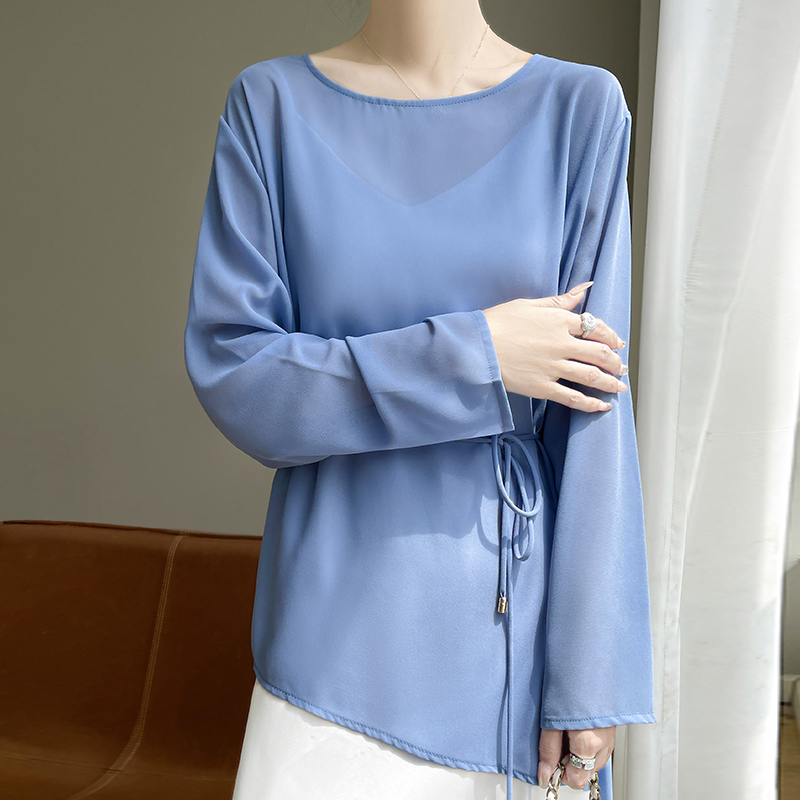 夏季新款乔其纱轻薄透气长袖宽松系带中长款防晒罩衫女上衣