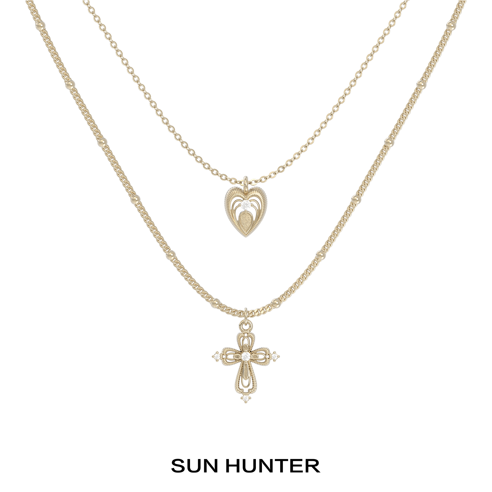 铜合金项链 三横SUN HUNTER「蕾丝微光」原创爱心十字架项链