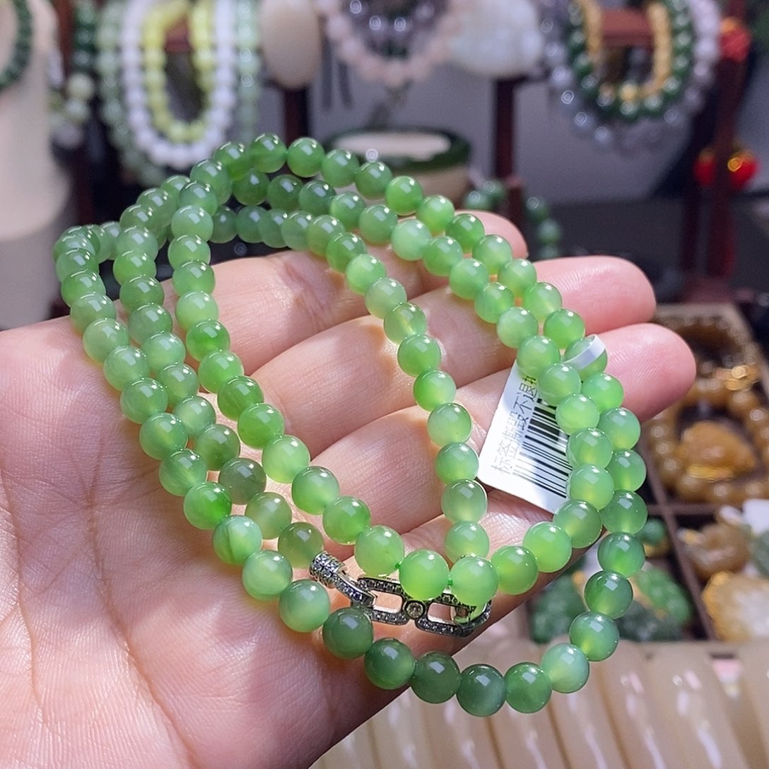 和田玉收藏级碧玉老矿料高冰阳绿猫眼珠链6m未镶嵌