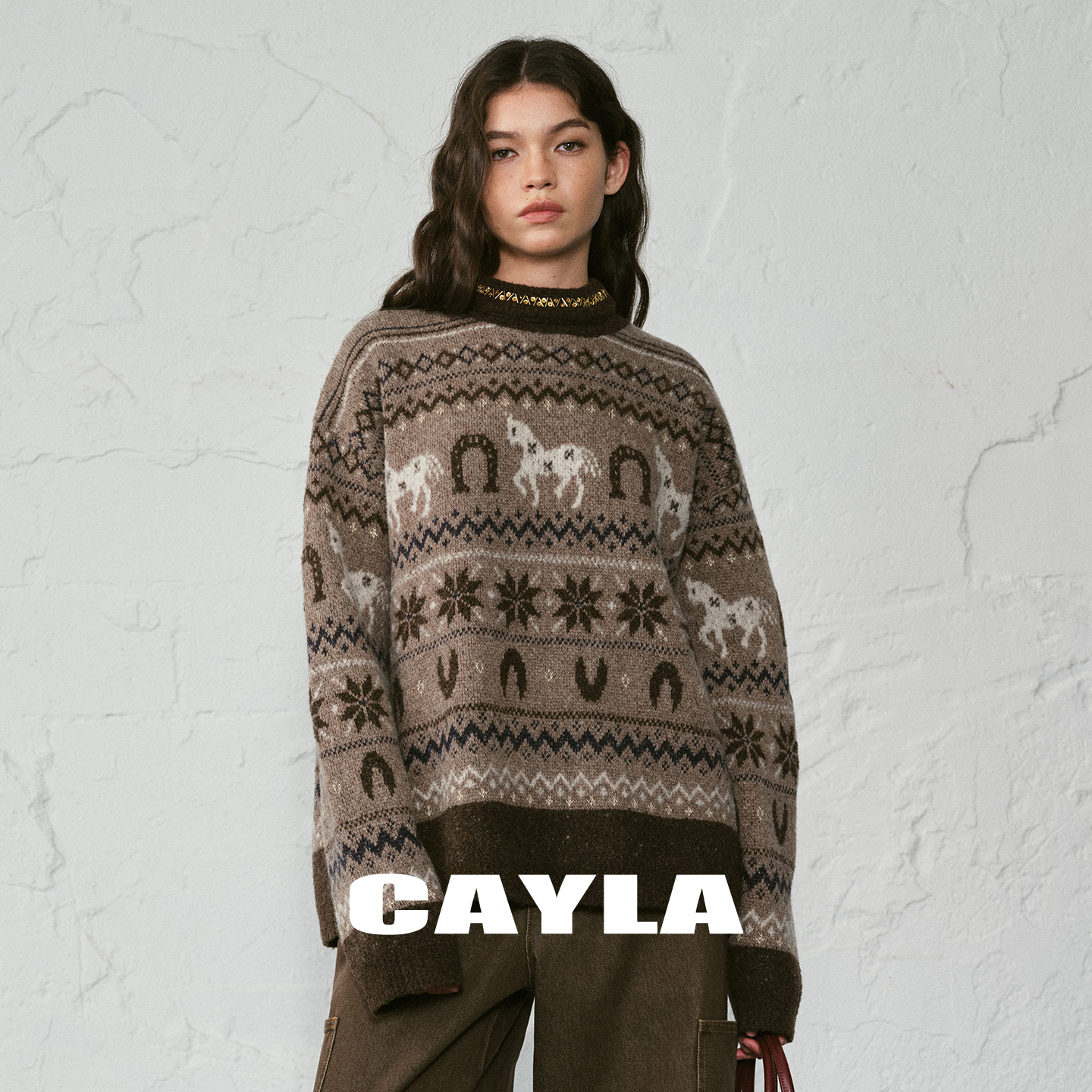 CAYLA26SS冬季胶囊系列羊毛费尔岛小马图案圆领套头毛衣173