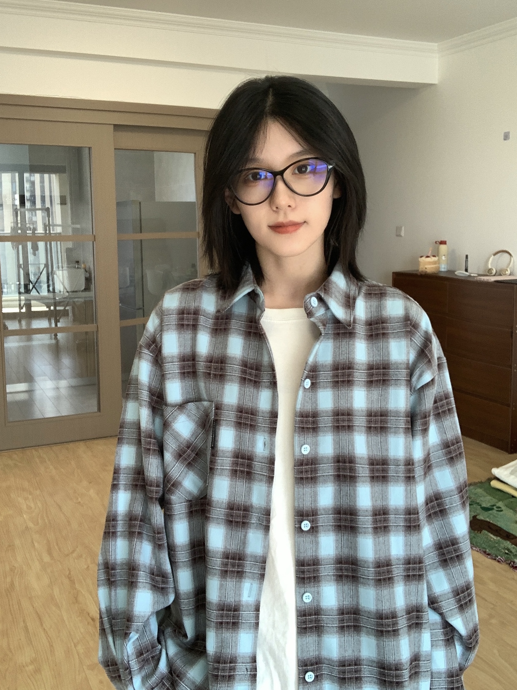 秋季爆款蓝色格子衬衫宽松长袖衬衫百搭设计感学生休闲磨毛外套