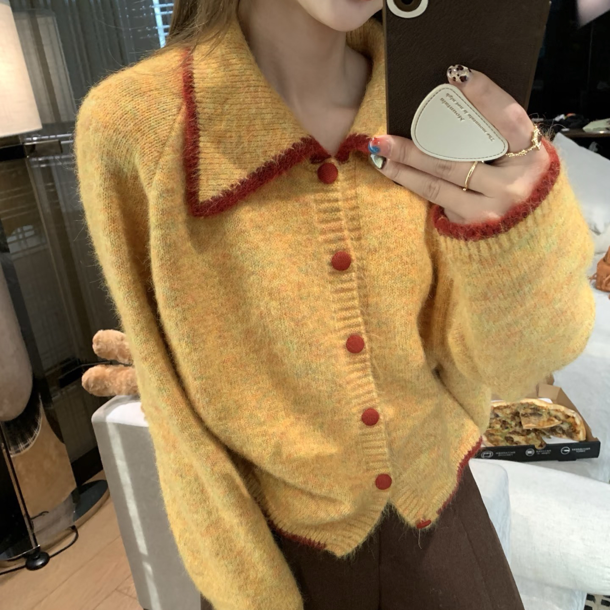 开衫翻领拼接短款针织宽松型气质毛针织衫百搭长袖