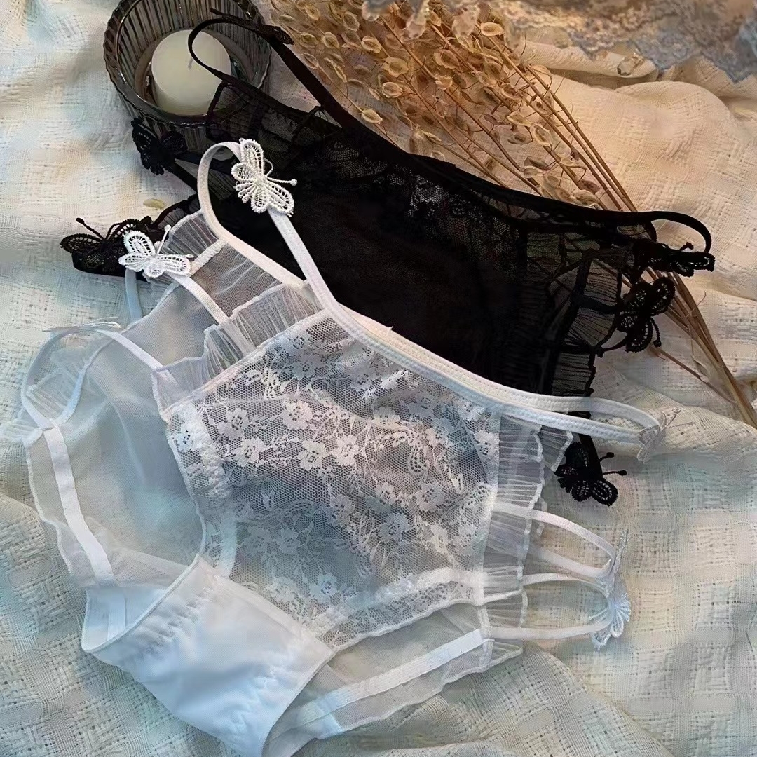 日系外贸大码内裤女春夏新款甜妹少女蝴蝶镂空蕾丝三角透明三角裤