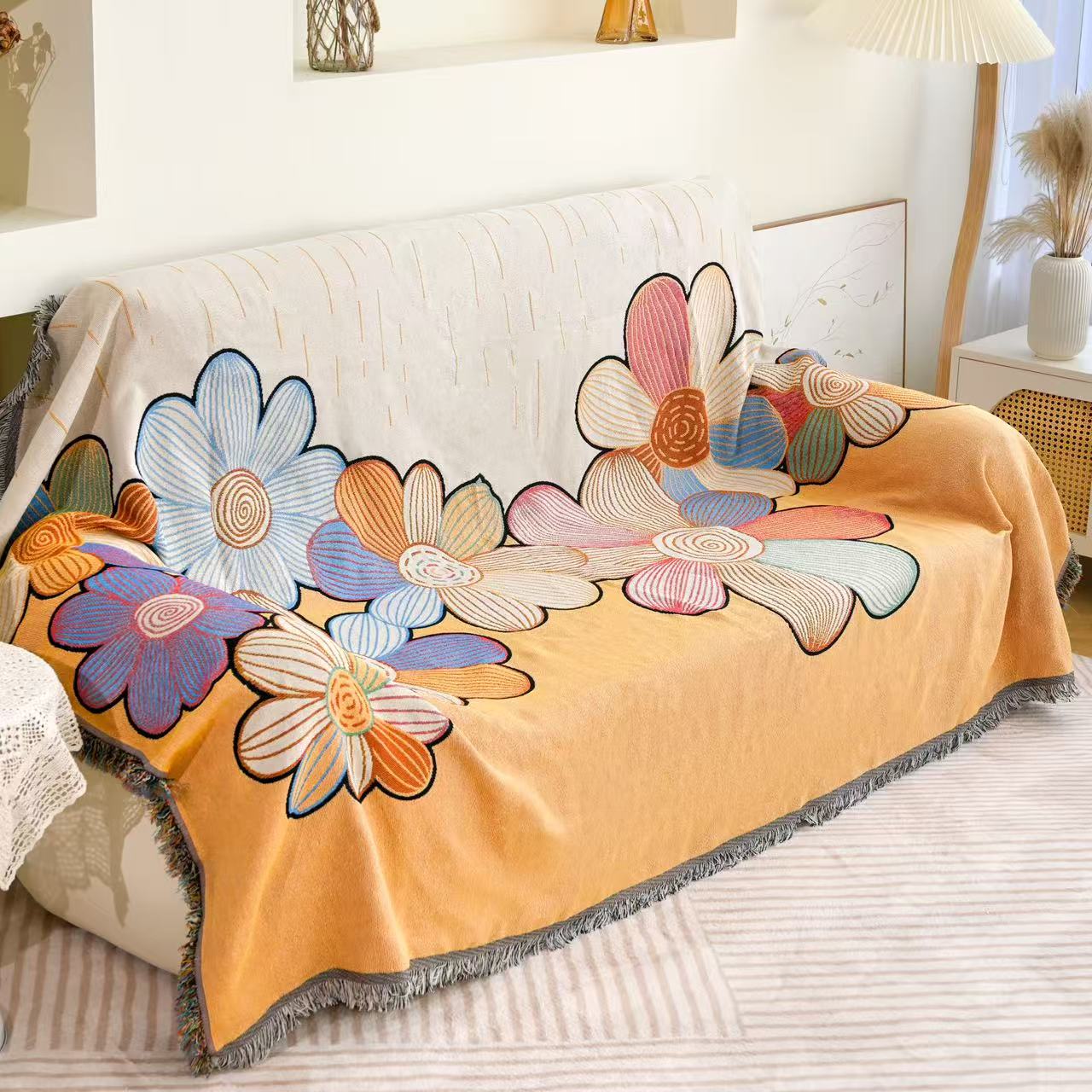 微瑕（向阳花）多功能流苏沙发巾80*180±5cm 四季款床盖