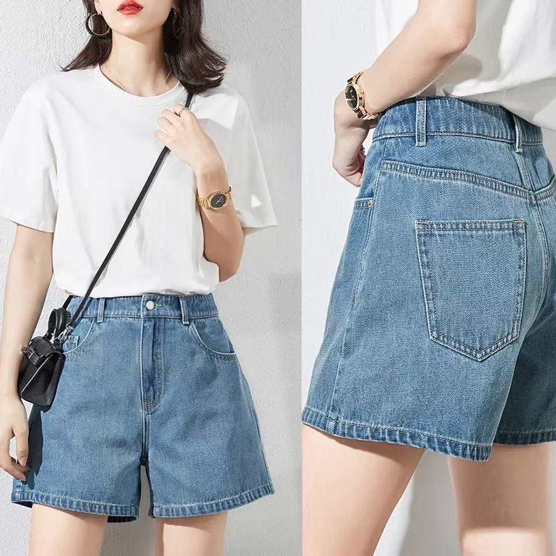 美式复古蓝薄款弹力牛仔短裤女2025夏季韩版修身高腰大码显瘦热裤