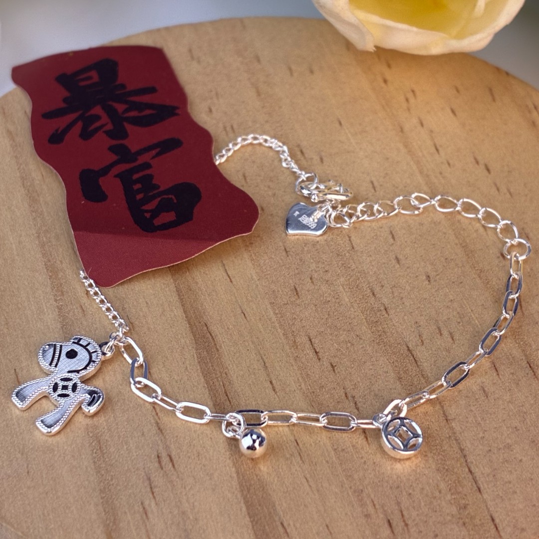 足银手链 纯银复古小木马手链时尚个性马上有钱足银手链