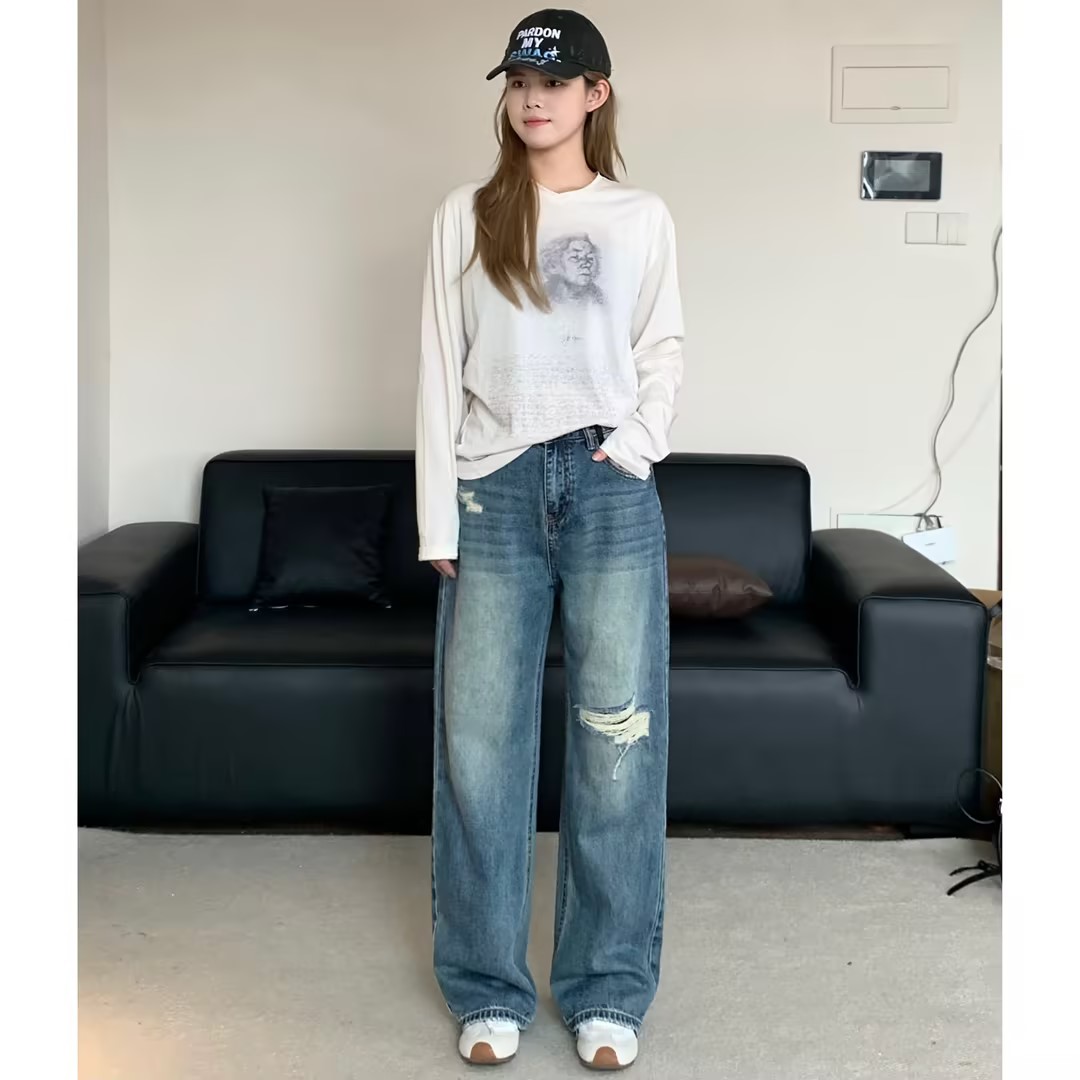 春夏新款BF风破洞牛仔裤女高腰阔腿裤子S962