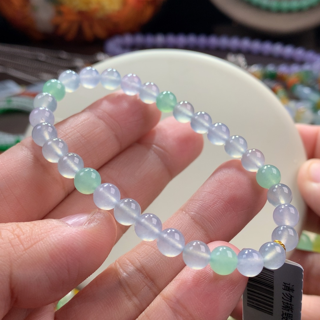 翡翠手链未镶嵌新货大漏！高冰幻彩马卡龙手串 卡6