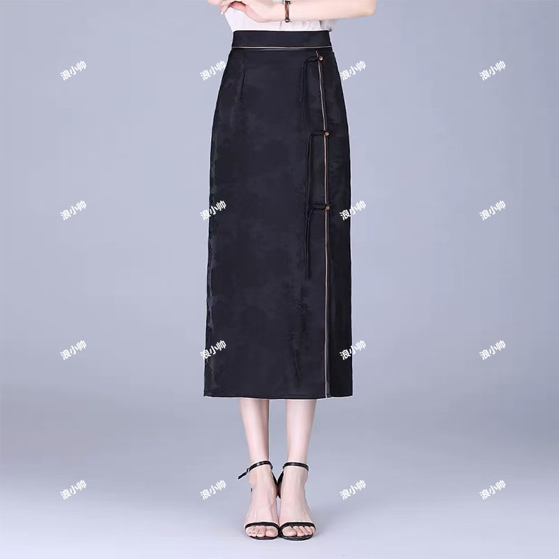 2139新中式显瘦半身裙开叉提花中长款高腰妈妈裙子