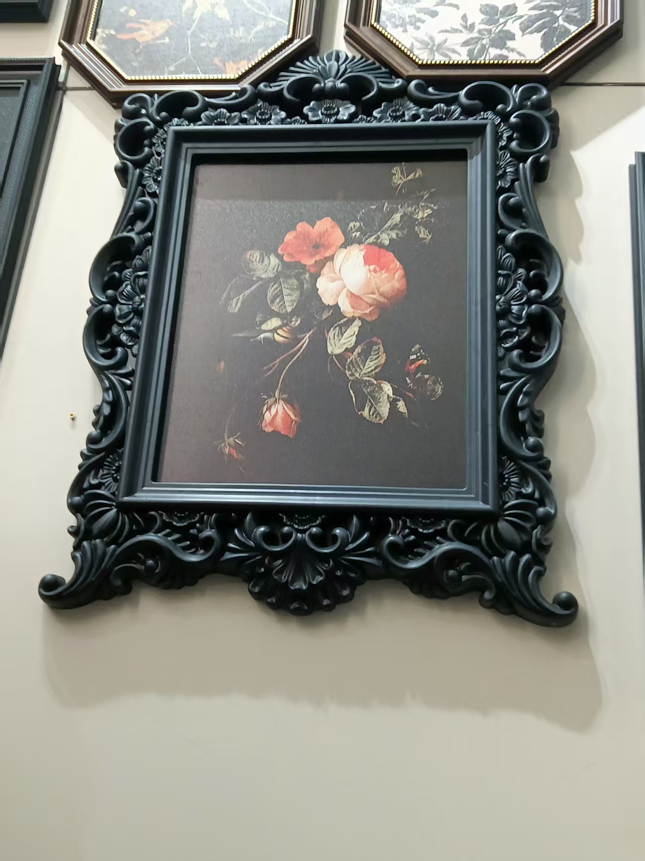 实木雕花黑色小尺寸客厅卧室床头入户装饰画定制高级感复古画