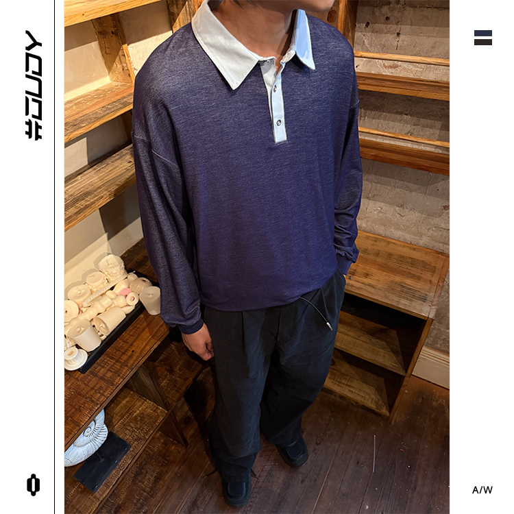 #OVDY炸29明星同款polo领长袖秋季老钱风拼接230G重磅上衣男女