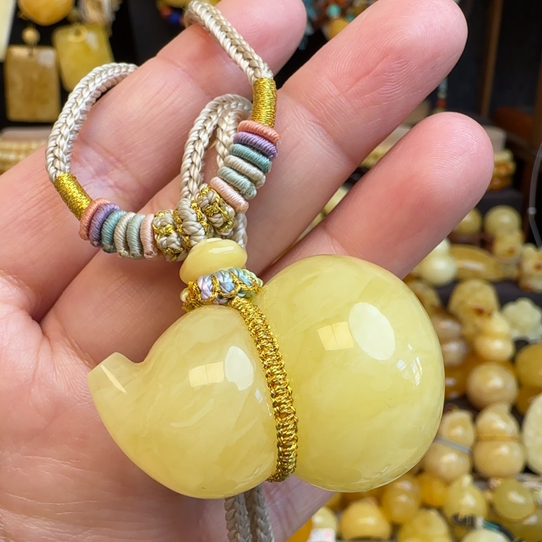 琥珀未镶嵌套链天然虎皮妖花蜜蜡葫芦吊坠