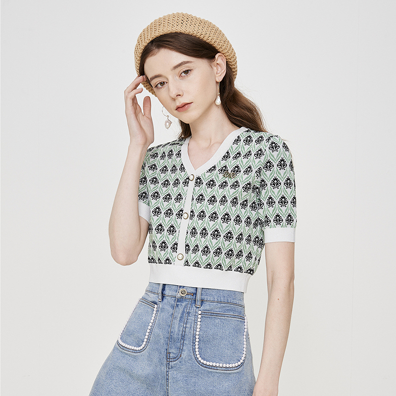 【陈大可专属】Caroline春季新款拼色V领短袖修身罗纹针织衫ECRCAA9