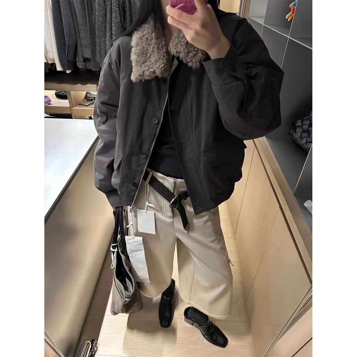 Miss sumey#1482自制毛毛领休闲廓形收腰系扣短外套秋冬工装棉服