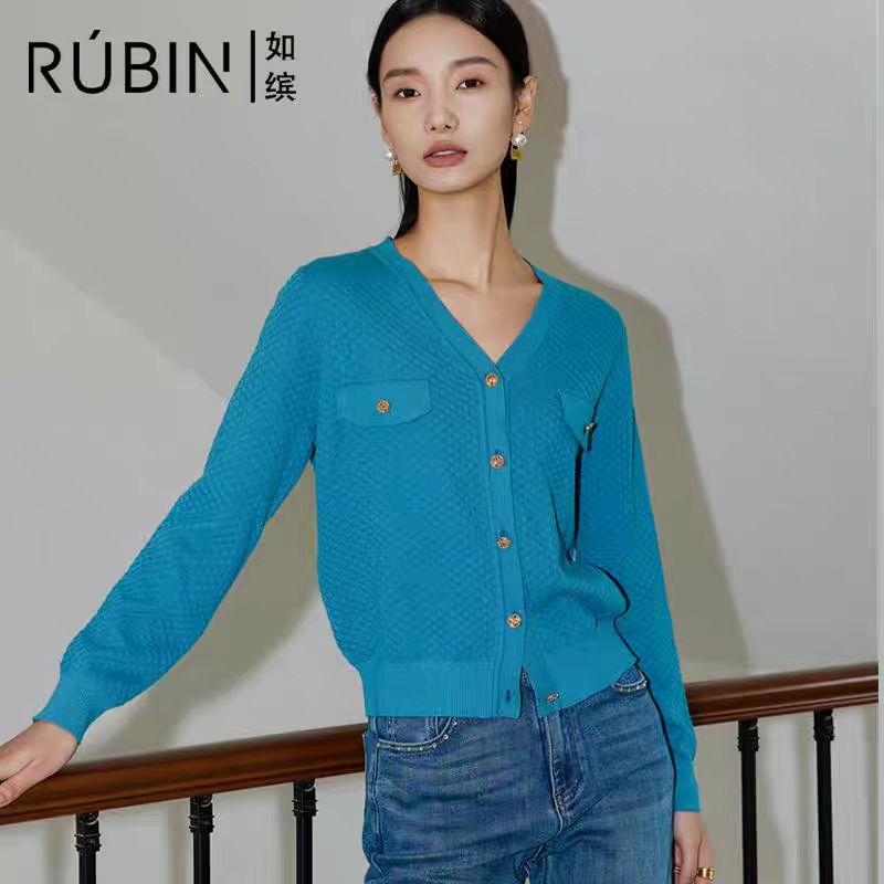 秋季蓝色针织衫毛针织衫女装纯色拼接圆领春长袖上衣