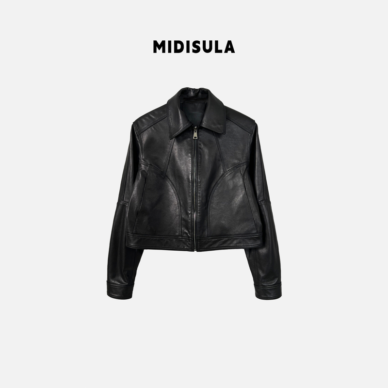 【H.MDSL】春季新款欧货时尚百搭翻领拉链弯线纹皮衣短款外套#0083