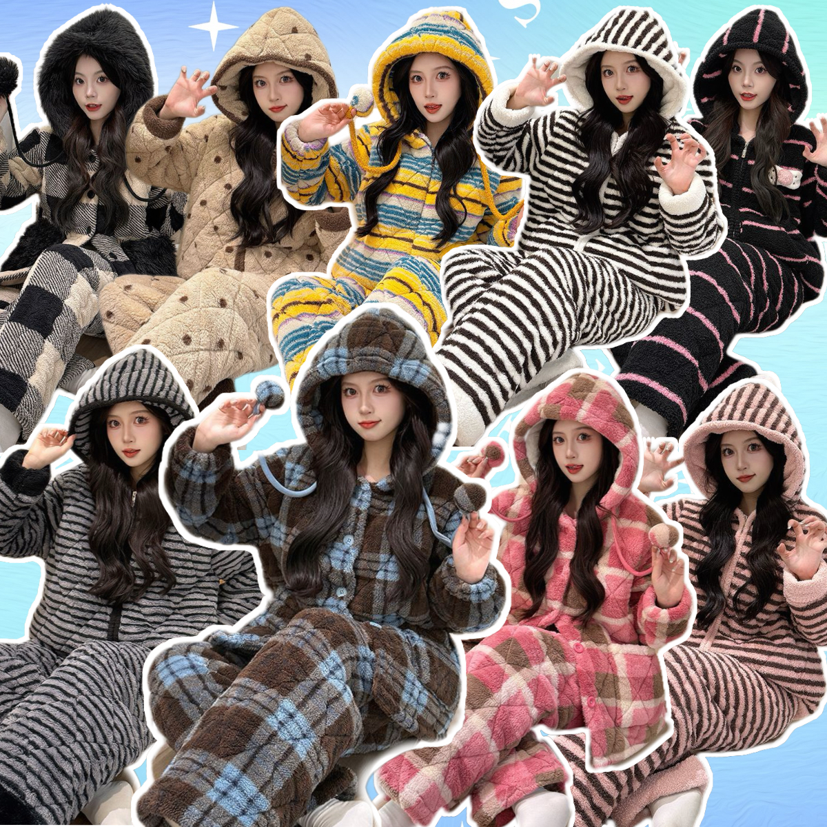 【6号链接】2025冬季三层夹棉加厚睡衣女韩版保暖家居服连帽家居服