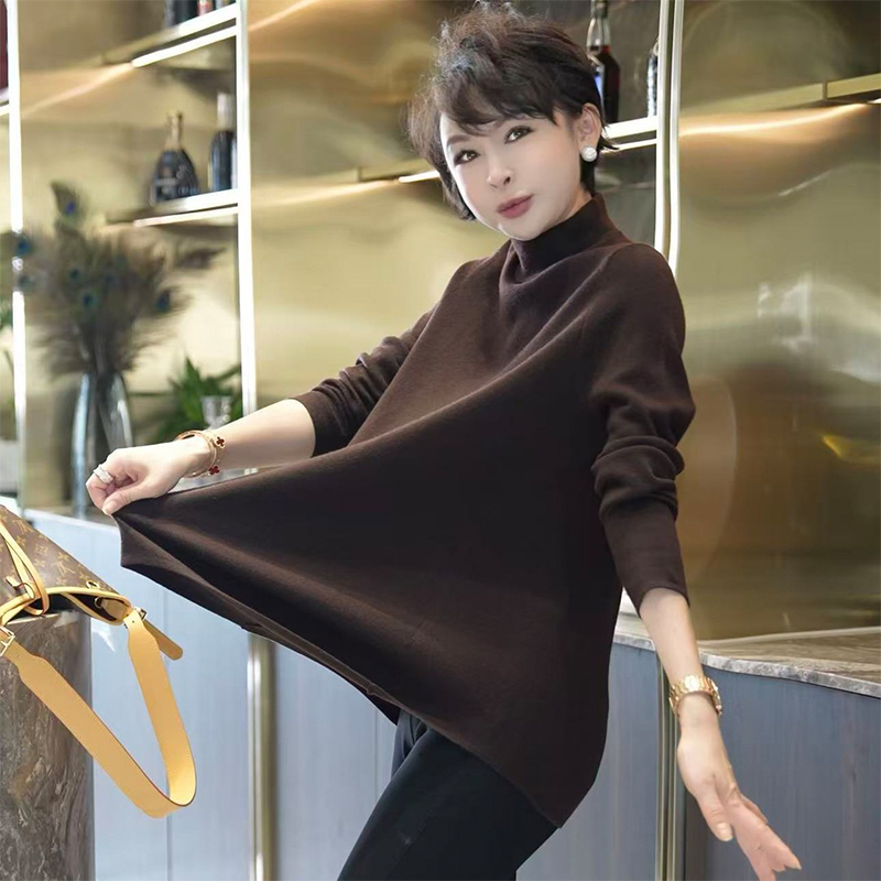 【松弛感】秋冬季咖色宽松气质显瘦半高领上衣百搭显瘦中长款打底衫商品图