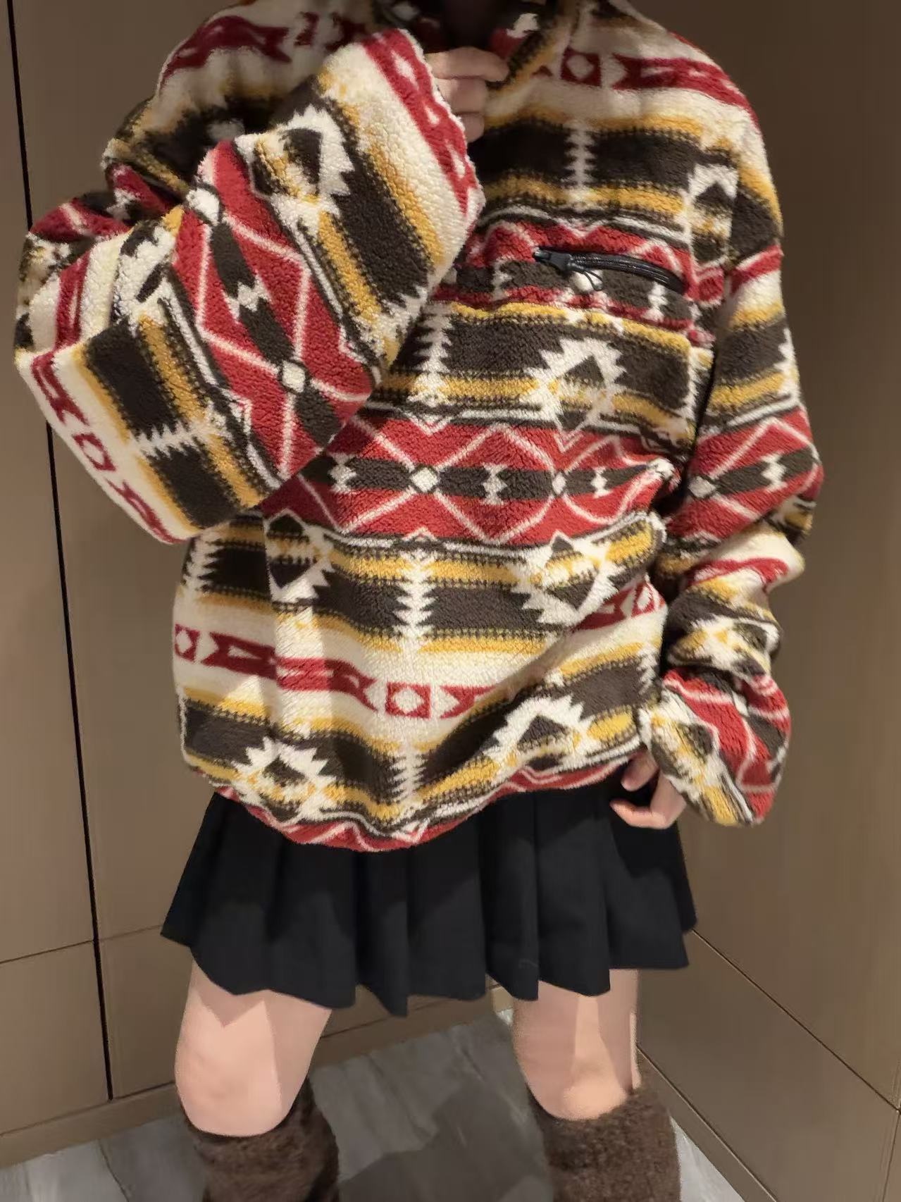 韩版秋冬新款格纹毛绒卫衣女上衣