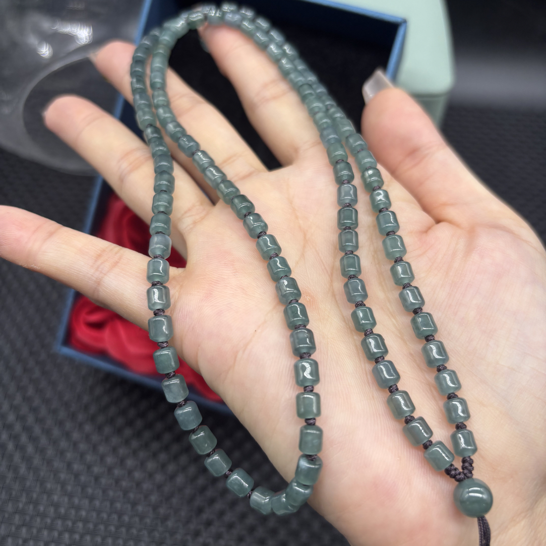 福利天然A货翡翠冰种老蓝水桶珠5mm毛衣链玉石挂件绳珠链时尚百搭
