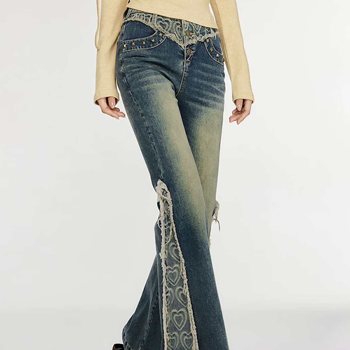 “美式复古”“品牌单”拼接设计微喇牛仔裤