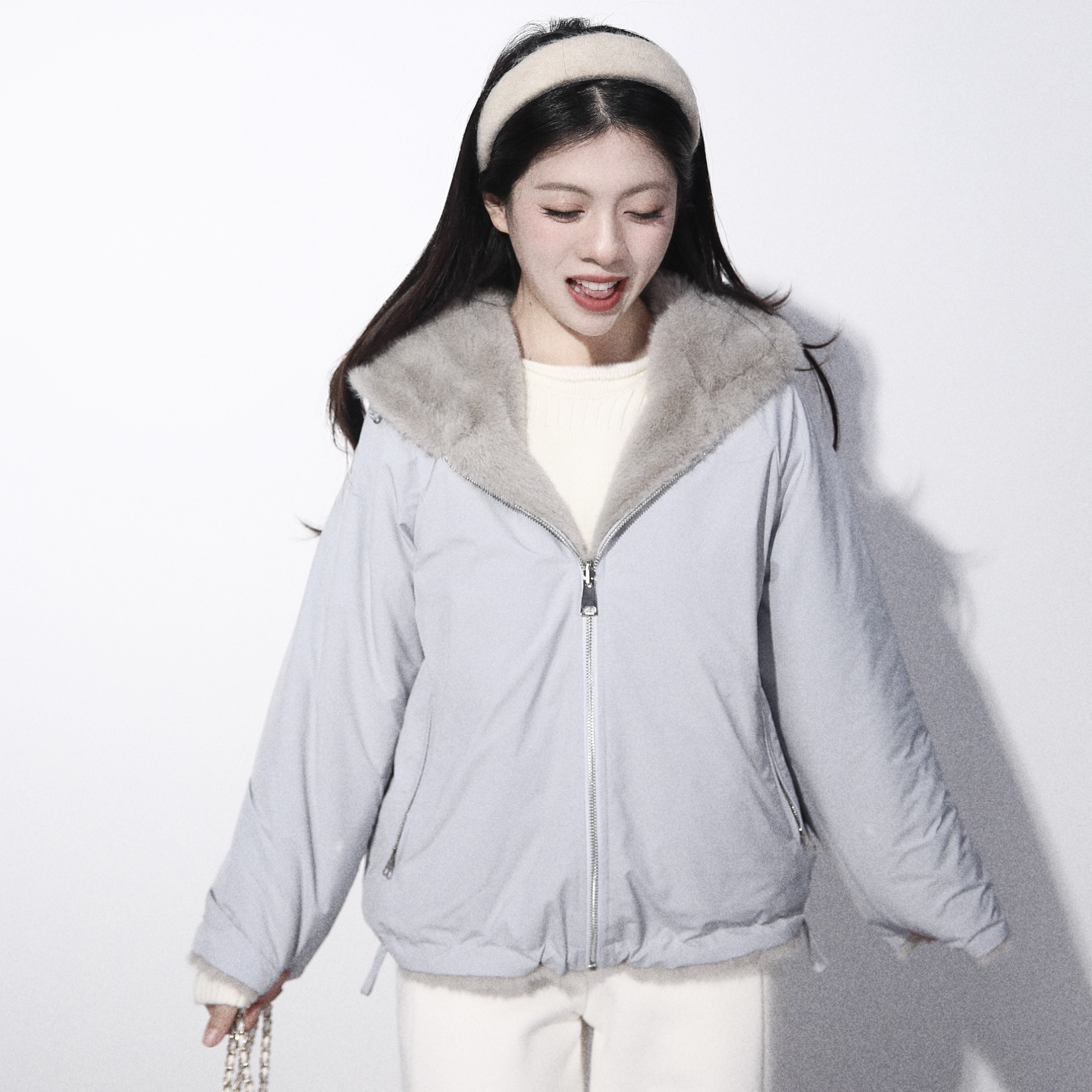 大眼LARGE EYE 雾蓝森林 两面穿小个子毛茸外套女冬厚连帽短外套