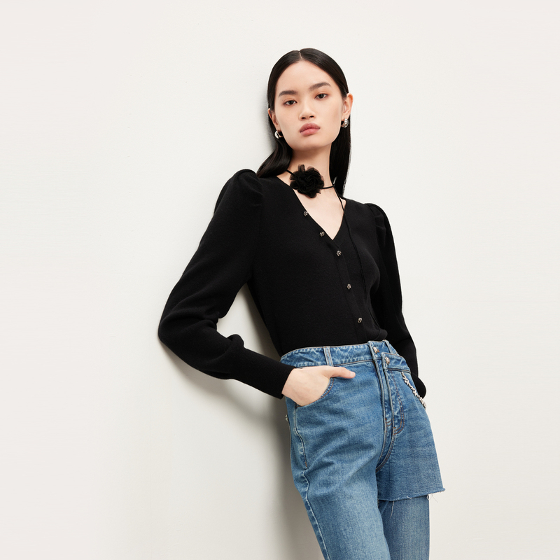 【商场同款】HPLY荷比俪3冬季新款泡泡袖V领针织衫HMD43650067