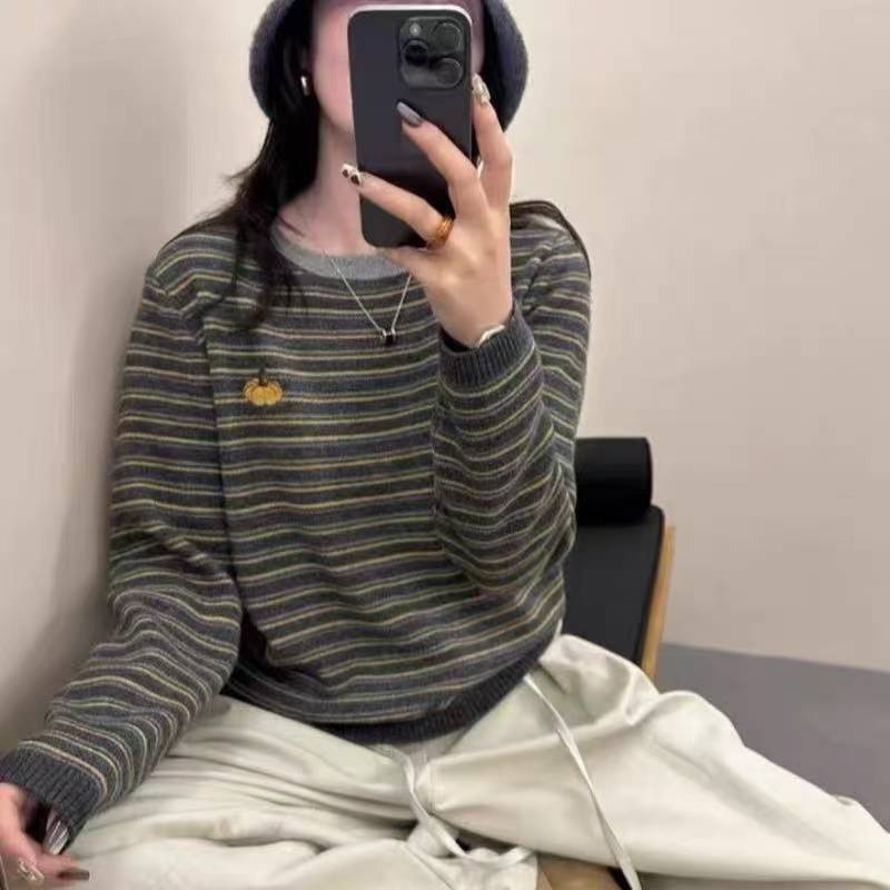 【南瓜刺绣条纹】韩系撞色条纹减龄显瘦圆领针织毛衣
