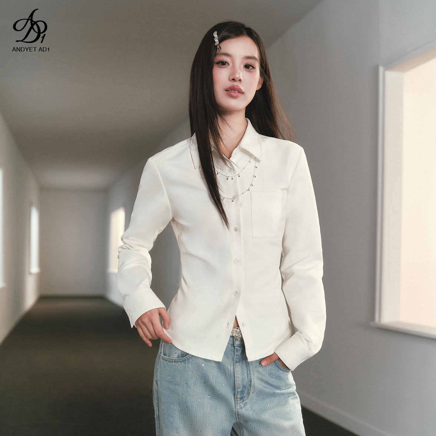 ANDYET AD1收腰显瘦白衬衫通勤简约气质内搭上衣修身长袖休闲衬衣