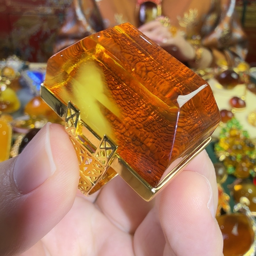 琥珀银S925镀金镶嵌戒指