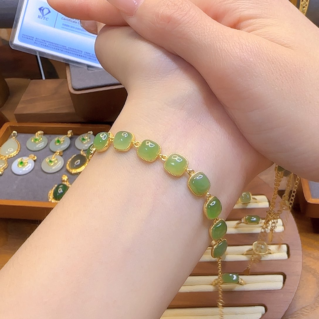 和田玉手链银S925镀金镶嵌