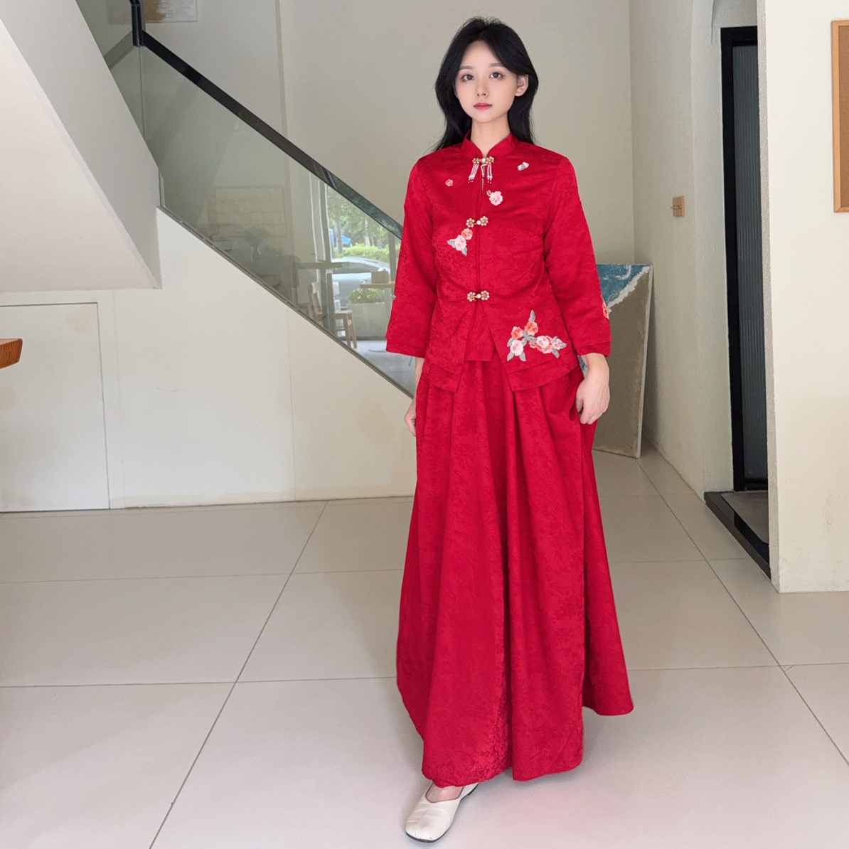 两件套秀禾服新娘结婚长袖敬酒服中国风礼服女中式结婚酒红色复古