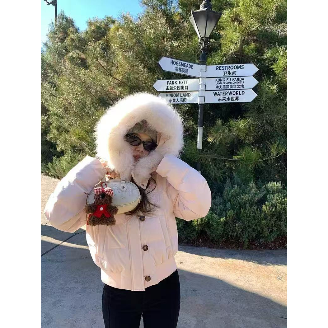 2025冬季百搭藏青色浅粉连帽毛领短款棉衣新爆款保暖棉服外套潮流