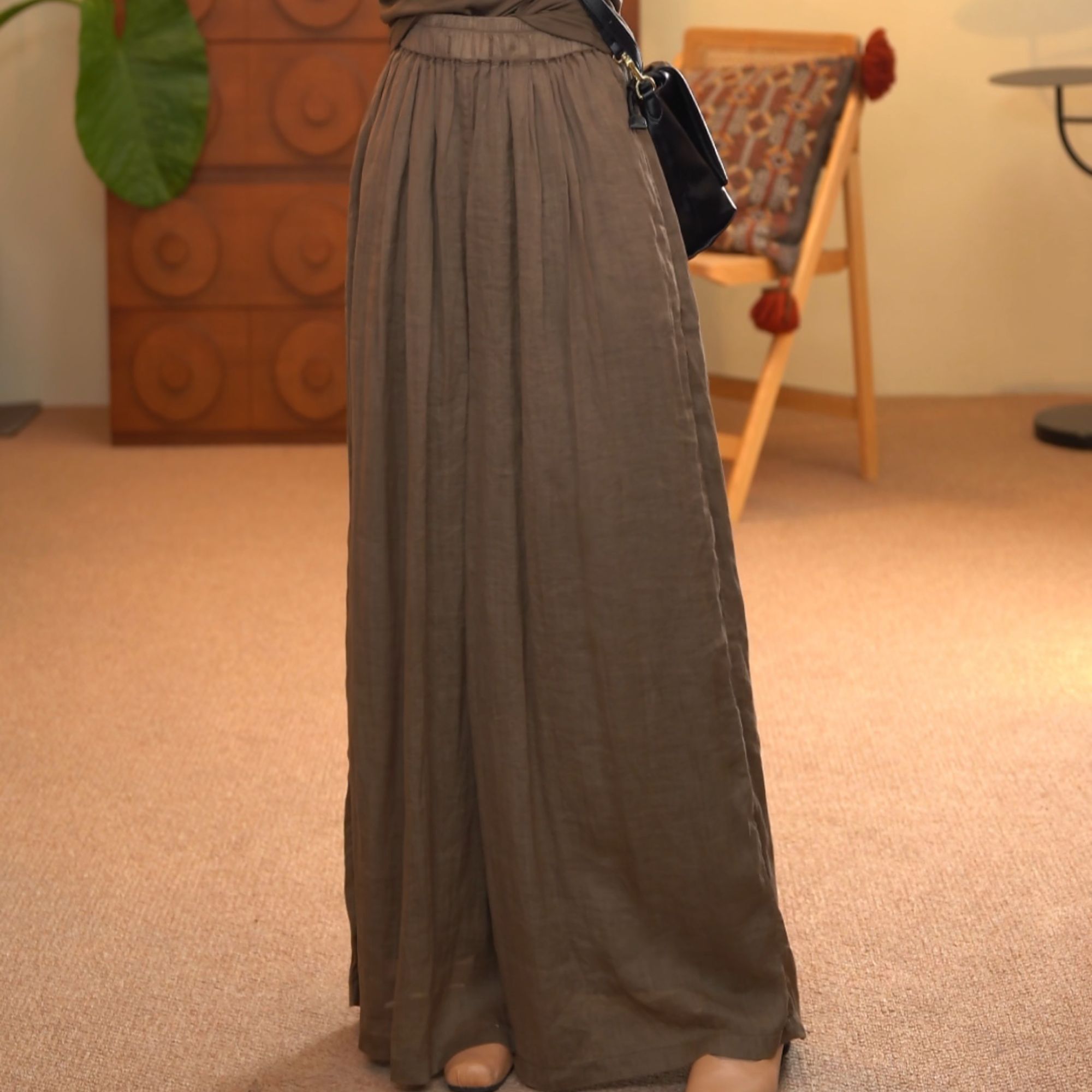 顾玖儿100%苎麻咖色复古高腰休闲阔腿裤#H1618