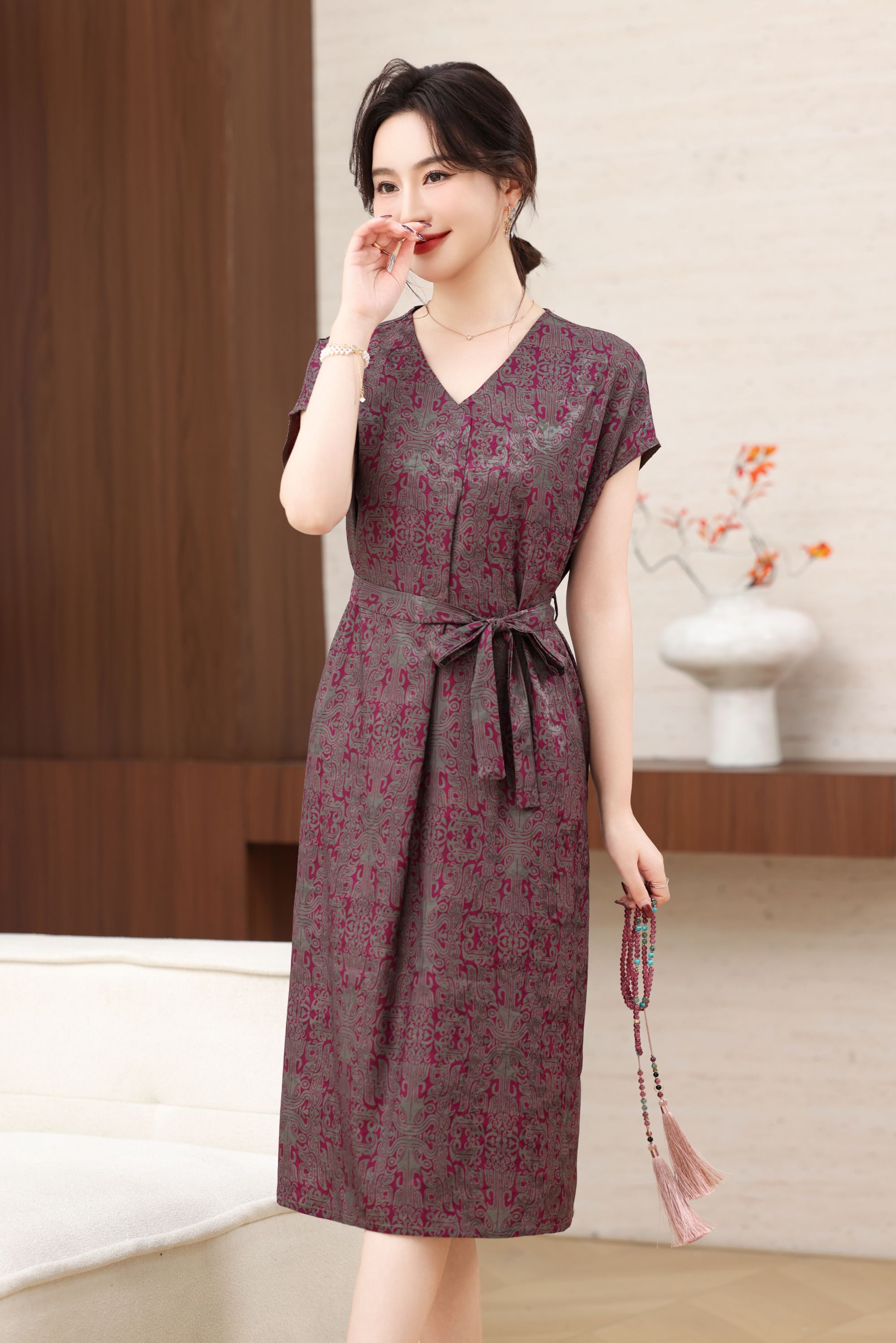 万象古文T4953显瘦连衣裙气质夏季时尚印花收腰中国风